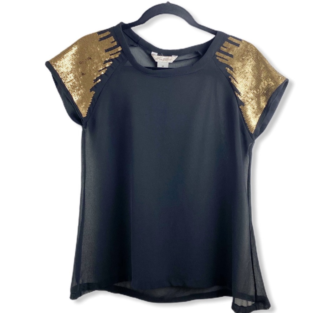 Fun & Flirt Sheer Blouse w/ Gold Sequin Shoulders